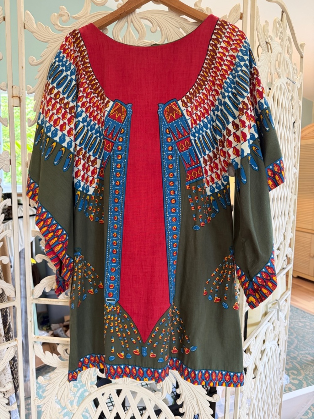Boho-Inspired Olive & Red Mini Dress with Vibrant Print